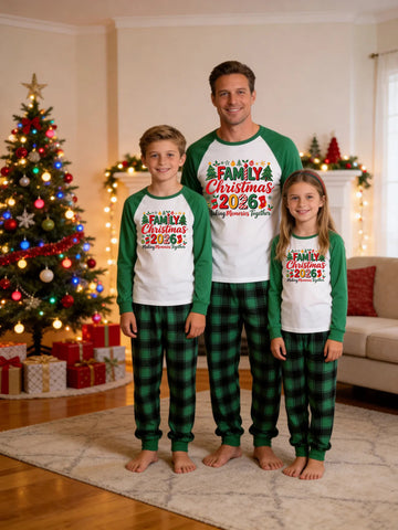Family Matching Christmas Pajamas Set Green Raglan Sleeve Graphic Top with Green Plaid Pants 'Family Christmas 2026' Trees Print
