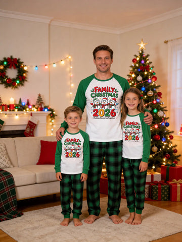 Family Matching Christmas Pajamas Set Green Raglan Sleeve Graphic Top with Green Plaid Pants 'Family Christmas 2026' Snowmen Print