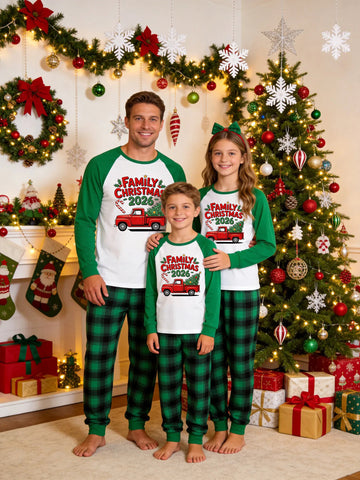 Family Matching Christmas Pajamas Set Green Raglan Sleeve Graphic Top with Green Plaid Pants 'Family Christmas 2026' Red Truck Print