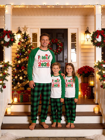 Family Matching Christmas Pajamas Set Green Raglan Sleeve Graphic Top with Green Plaid Pants 'Family Christmas 2026' Santa Hat Print