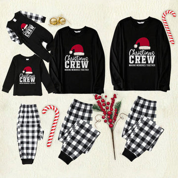 Black and White Plaid Christmas Pajamas Set With Santa Hat and "Christmas Crew Making Memories Together" Print