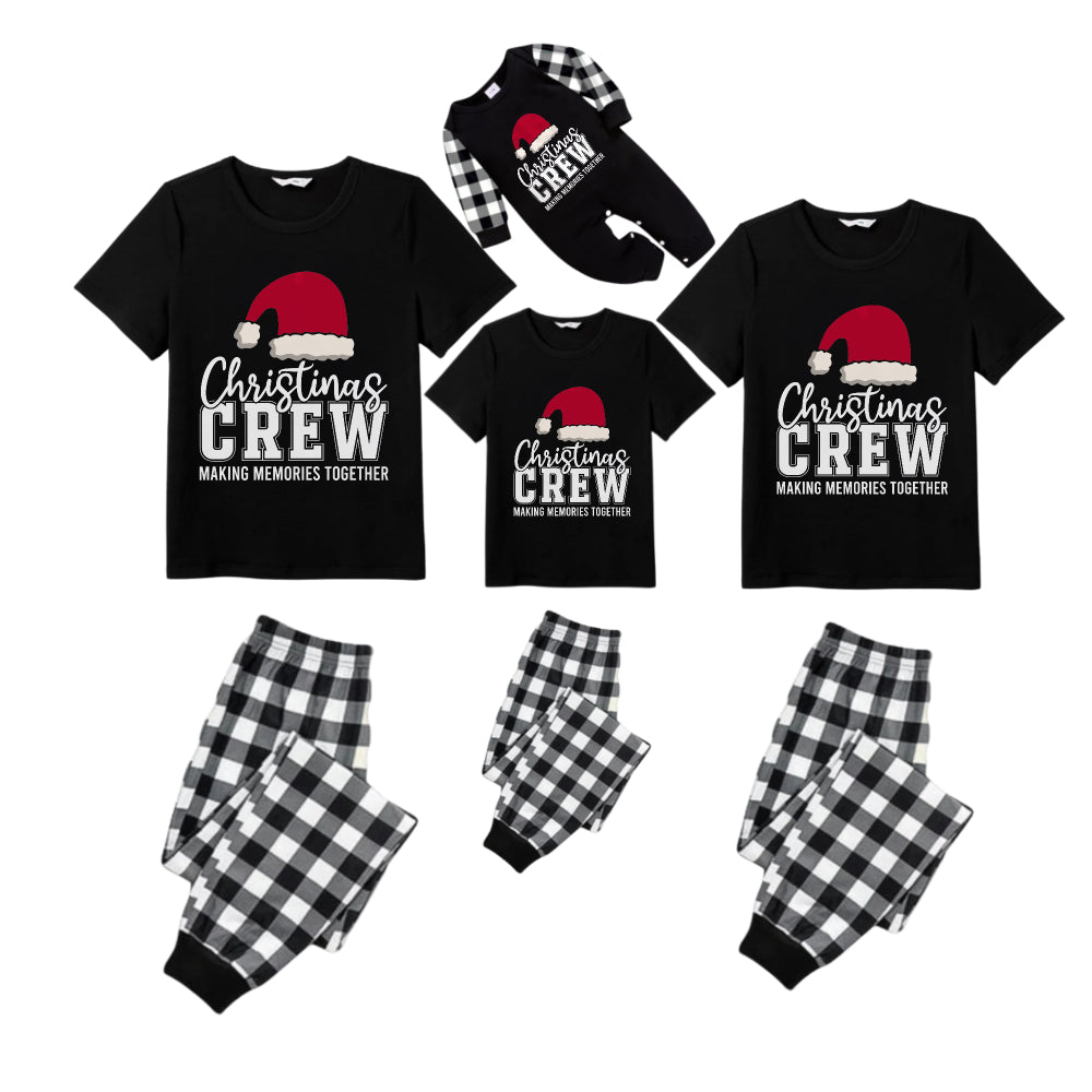 Black and White Plaid Short Sleeve Christmas Family Pajamas Set With Santa Hat and Text Print