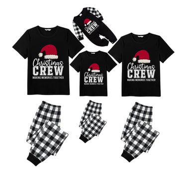 Black and White Plaid Short Sleeve Christmas Family Pajamas Set With Santa Hat and Text Print