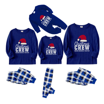 Christmas Family Matching Pajamas-Navy & White Plaid Pjs Set with "Christmas Crew Making Memories Together" and Santa Hat Pattern Print