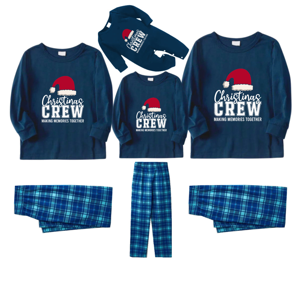 Christmas Family Matching Pajamas-Navy & Sky Blue Plaid Pjs Set with "Christmas Crew Making Memories Together" and Santa Hat Pattern Print