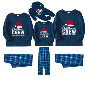 Christmas Family Matching Pajamas-Navy & Sky Blue Plaid Pjs Set with "Christmas Crew Making Memories Together" and Santa Hat Pattern Print