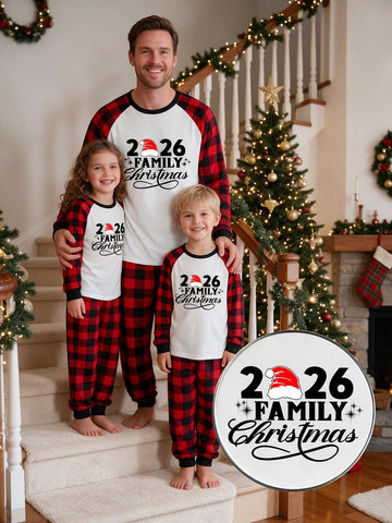 Two Piece Set Family Matching Christmas Pajamas 2026 Family Christmas Santa Hat Print Raglan Top Red Black Plaid Long Pants Sleepwear For Family Holiday Matching