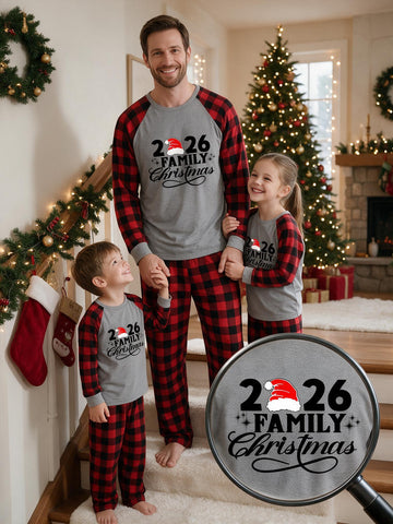 Family Matching 2026 Christmas Pajamas Set 2026 Family Christmas Santa Hat Print Grey Red Buffalo Plaid Raglan Long Sleeve Top & Red Plaid Pants  Matching Set For Family Holiday
