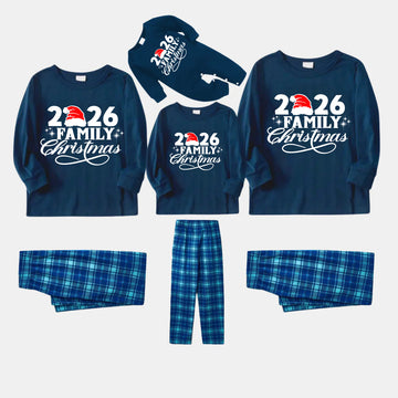 "2026 Family Christmas" Text Print Blue Plaid Christmas Matching Pajamas