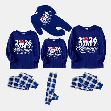 "2026 Family Christmas" Text Print Blue Long Sleeves with Blue&White&Black Plaid Pants Family Matching Pajamas