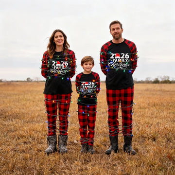 "2026 Family Christmas" Letter Print Black & Red Plaid Family Matching Black Pajamas