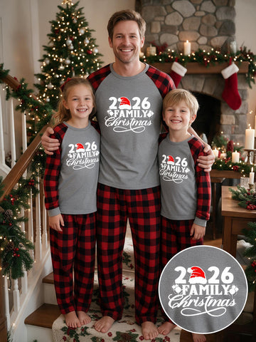 Family Matching 2026 Christmas Pajamas Set 2026 Family Christmas Santa Hat & Bauble Print Grey Red Buffalo Plaid Raglan Long Sleeve Top & Red Plaid Pants Matching Loungewear For Family Xmas Celebration