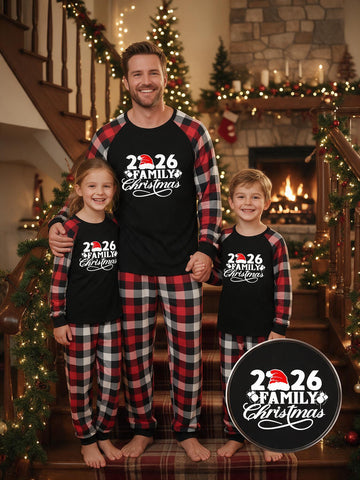 Family Matching 2026 Christmas Pajamas Set 2026 Family Christmas Santa Hat Ornament Print Black Raglan Top Red White Buffalo Plaid Pants Matching Sleepwear For Xmas Eve