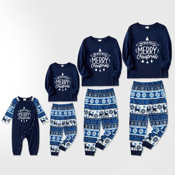 Joyful Blue Christmas Pajamas Set With Christmas Text Print