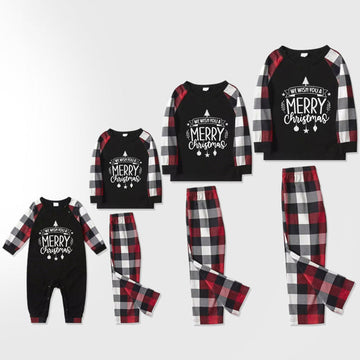 Christmas Family Matching Pajamas-Red and Gray Plaid Pjs set with "We Wish You A Merry Christmas" Print