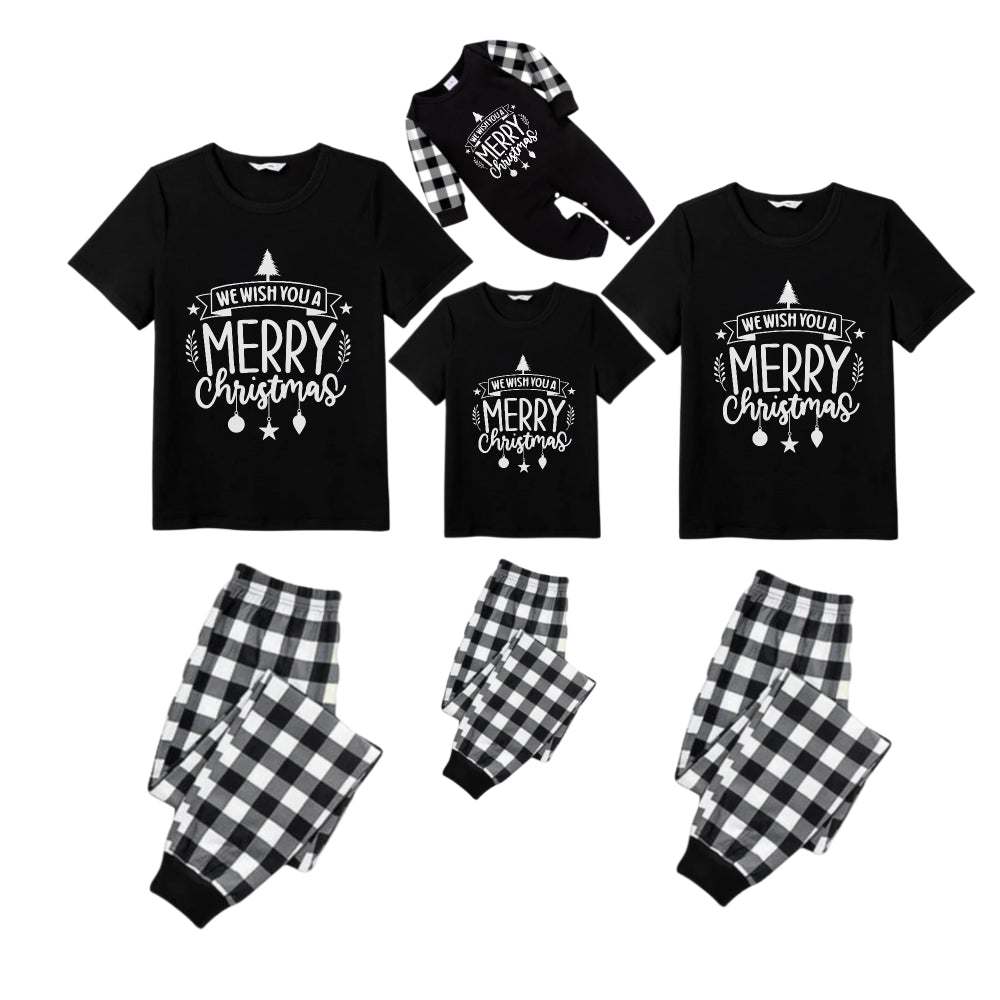 Black and White Plaid Short Sleeve Christmas Family Pajamas Set With Christmas Text Print