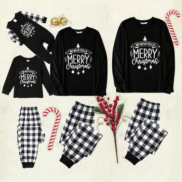 Black and White Plaid Christmas Pajamas Set With "We Wish You A Merry Christmas" Black & White Text Print