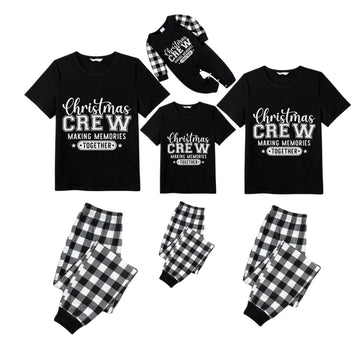 Black and White Plaid Short Sleeve Christmas Pajamas Set With Text Print