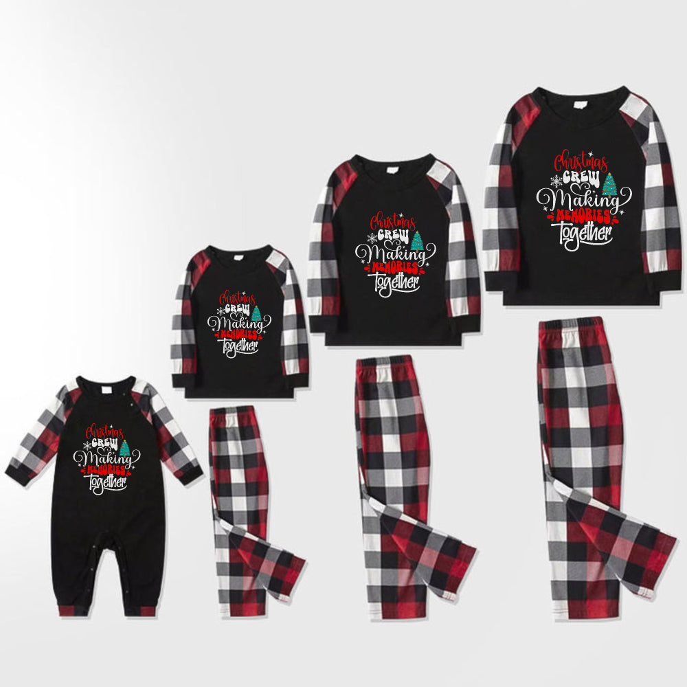 Christmas Family Matching Pajamas-Red and Gray Plaid Pjs set with "Christmas Crew Making Memories Together" Artistic Font Slogan Print