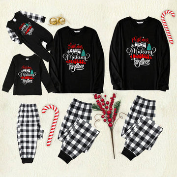 Black and White Plaid Christmas Pajamas Set With "Christmas Crew Making Memories Together" Colorful Text Print