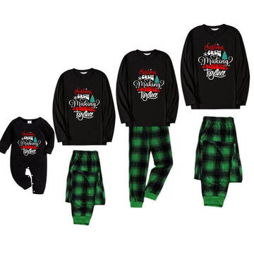 Christmas Family Matching Pajamas-Black Top and Green Plaid Pants Pjs Set with "Christmas Crew Making Memories Together" Artistic Font Print