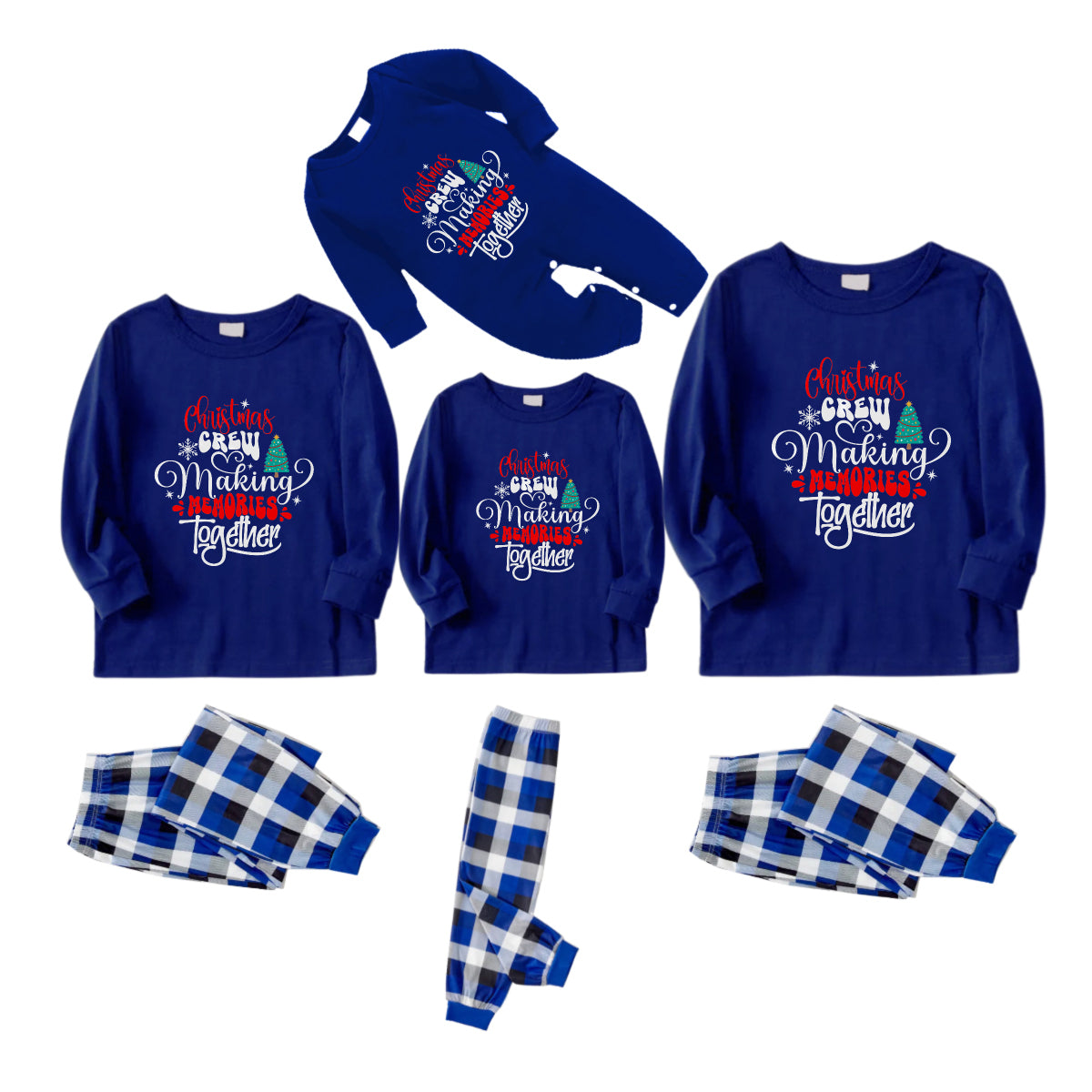 Christmas Family Matching Pajamas-Navy & White Plaid Pjs Set with "Christmas Crew Making Memories Together" Artistic Font Print
