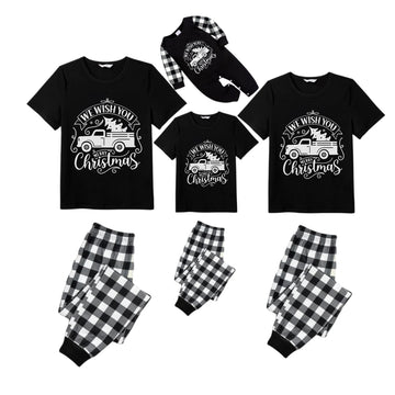Black and White Plaid Short Sleeve Christmas Pajamas Set With Christmas Tree and Car Print