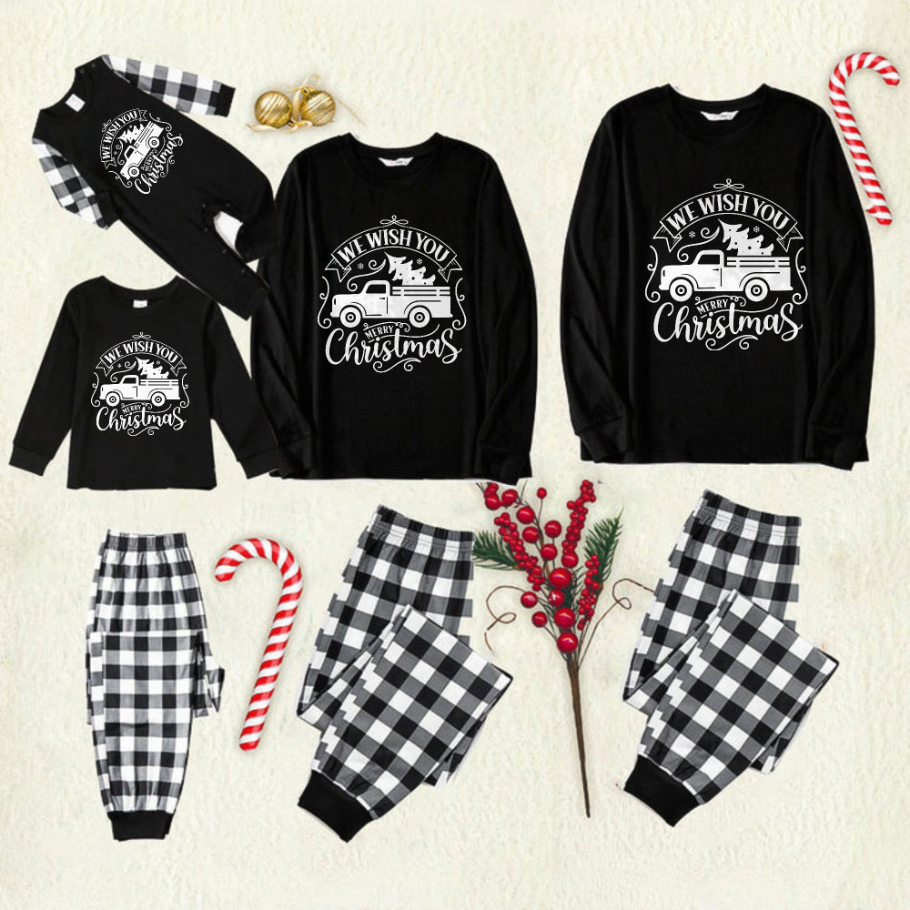 Black and White Plaid Christmas Pajamas Set With Car and "We Wish You A Merry Christmas" Text Print