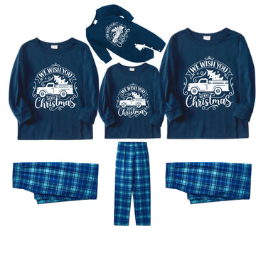 Christmas Family Matching Pajamas-Navy & Sky Blue Plaid Pjs Set with "We Wish You A Merry Christmas" and Christmas Car Pattern Print