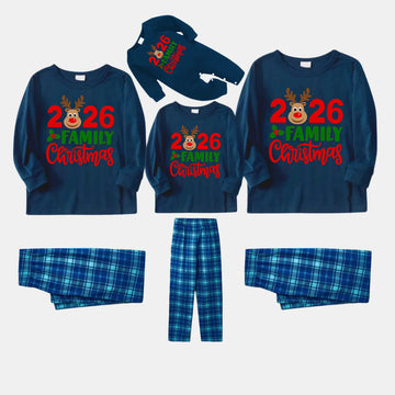 "2026 Family Christmas" Moose Letter Print Blue Plaid Christmas Matching Pajamas