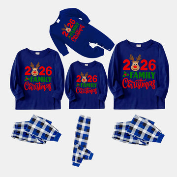"Family Christmas 2026" Text and Deer Printed Blue and White Plaid Family Matching Pajamas