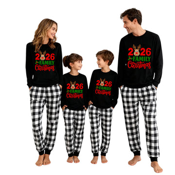 "2026 Family Christmas" Moose Letter Print Black Long Sleeve Top with Black And White Plaid Pants Family Matching Pajamas