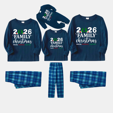 "2026 Family Christmas" Quirky Heart Letter Print Blue Long Sleeve Top With Blue Plaid Family Matching Pajamas