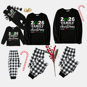 "2026 Family Christmas" Quirky Heart Letter Print Black Long Sleeve Top with Black And White Plaid Pants Family Matching Pajamas