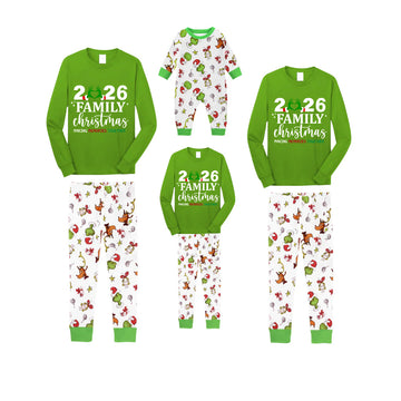 2026 Making Memories Family Christmas Family Pajamas Set - Green Top / Cartoon Animal Print Pants / Cartoon Animal Print Sleeves