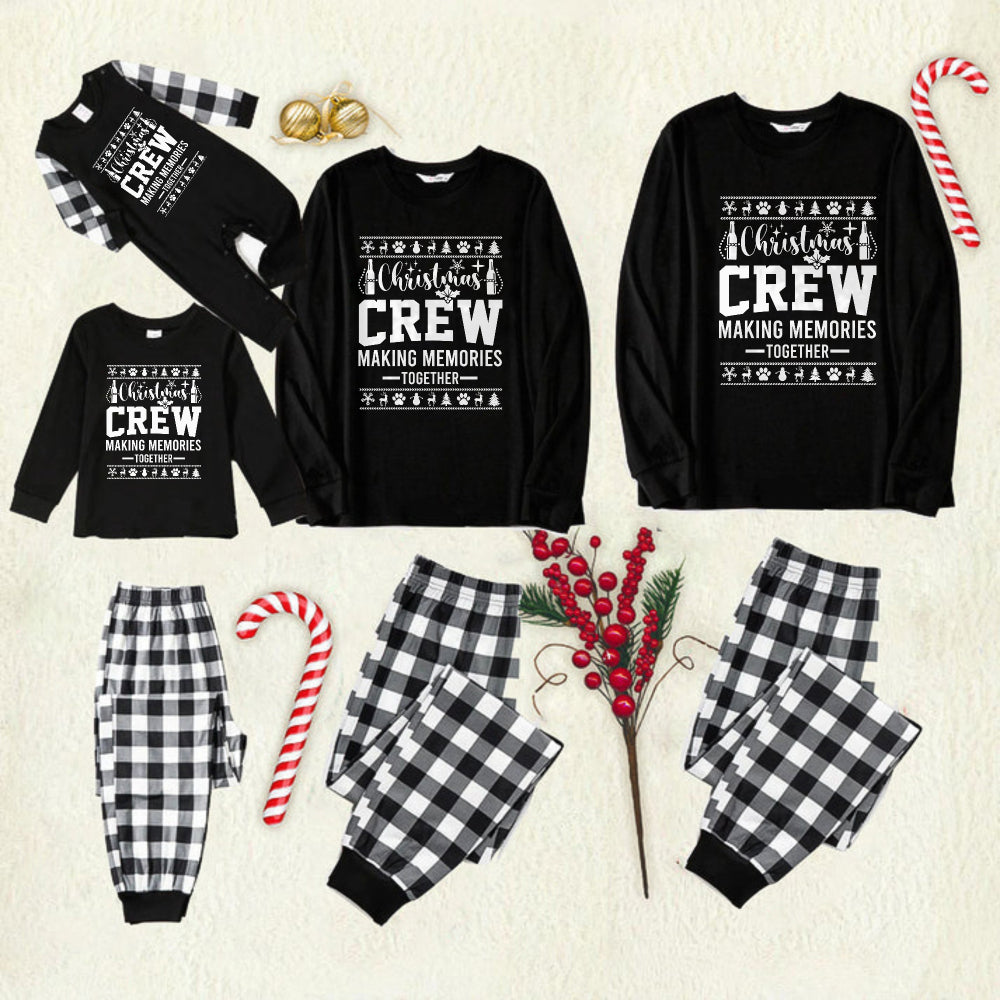 Black and White Plaid Christmas Pajamas Set With Christmas Pattern and "Christmas Crew Making Memories Together" Black & White Print