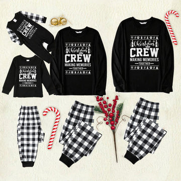 Black and White Plaid Christmas Pajamas Set With Christmas Pattern and "Christmas Crew Making Memories Together" Black & White Print