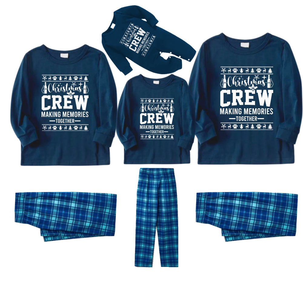 Christmas Family Matching Pajamas-Navy & Sky Blue Plaid Pjs Set with "Christmas Crew Making Memories Together" and Christmas Pattern Print