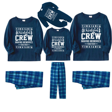 Christmas Family Matching Pajamas-Navy & Sky Blue Plaid Pjs Set with "Christmas Crew Making Memories Together" and Christmas Pattern Print