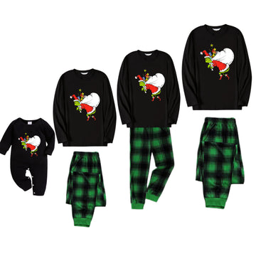 Christmas Family Matching Pajamas-Black Top and Green Plaid Pants Pjs Set with Funny Grinch Print