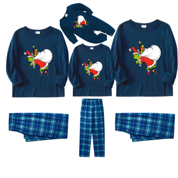 Christmas Family Matching Pajamas-Navy & Sky Blue Plaid Pjs Set with Funny Grinch Print