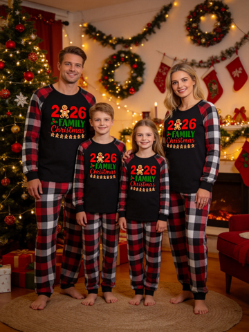 2-Piece Family Matching Christmas Pajama Set, 2026 Gingerbread Man Print Black Raglan Long Sleeve Top, Red Black White Buffalo Plaid Pants With Side Pockets, Matching Sleepwear For Whole Family Holiday Photos