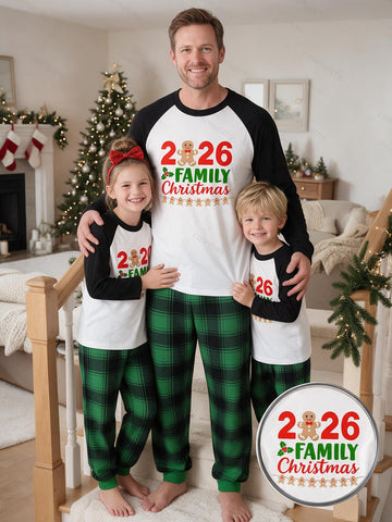 Family Matching 2026 Christmas Pajamas Set Cute Gingerbread Man Graphic Raglan Long Sleeve Top & Green Buffalo Plaid Pants Soft Stretchy Matching Sleepwear For Family Holiday Photoshoots & Christmas Gift