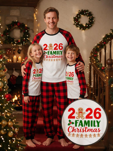 Two Piece Set Family Matching Christmas Pajamas 2026 Family Christmas Gingerbread Man Print Raglan Top Red Black Plaid Long Pants Sleepwear For Xmas Family Photos
