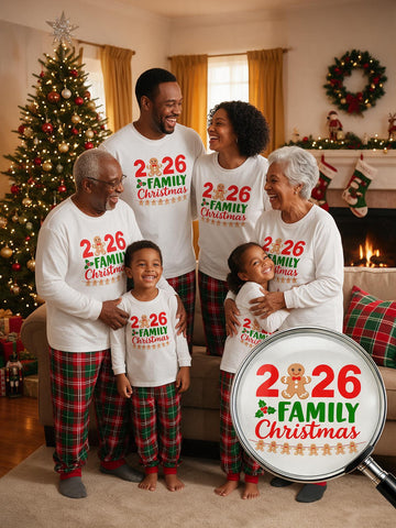 2-Piece Family Matching Christmas Loungewear, Soft Long Sleeve Top and Red Green Plaid Pants With Pockets, Featuring "2026 Family Christmas" Gingerbread Man, Holly & Star Print, Perfect for 2026 Christmas Eve Celebration & Family Holiday Photos