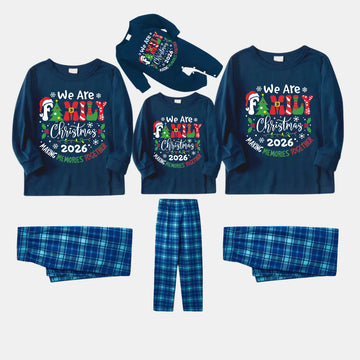 "We are Family" 2026 Christmas Wreath - Blue Long Sleeve Top With Blue Plaid Family Matching Pajamas