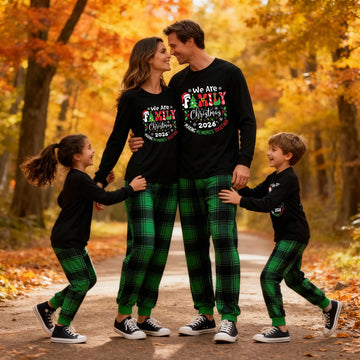 "We are Family" 2026 Christmas Wreath - Black Long Sleeve Top with Black And Green Plaid Pants Family Matching Pajamas