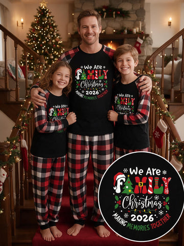 Family Matching 2026 Christmas Pajamas Set We Are Family Xmas Tree Santa Hat Print Black Raglan Top Red White Buffalo Plaid Pants Matching Loungewear For Family Celebration