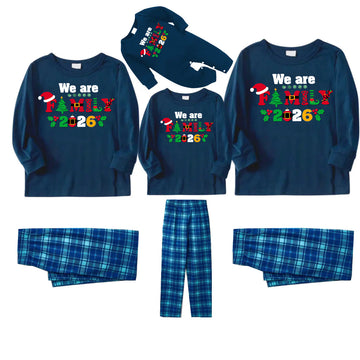 Christmas We are Family 2026 Letter Print Blue Long Sleeve Top With Blue Plaid Family Matching Pajamas