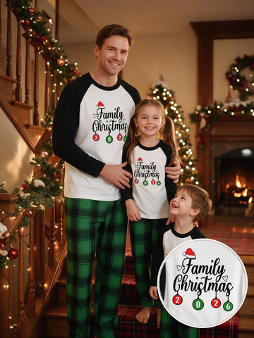 Family Matching 2026 Christmas Pajamas Set Santa Hat Family Christmas Letter & Bauble Print Raglan Long Sleeve Top & Green Plaid Pants Matching Sleepwear for Family of 3 Ideal for Holiday Photos and Christmas Eve